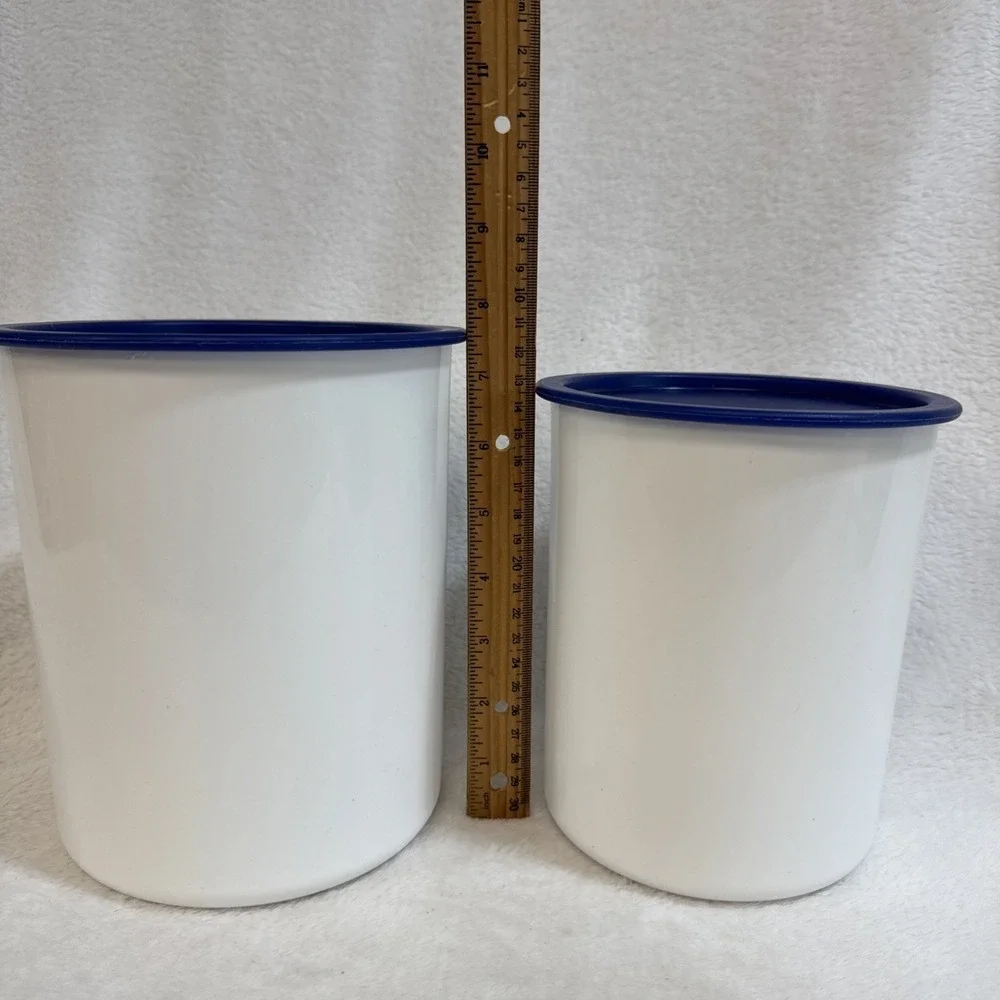 Tupperware White Canister Set 2 Piece Blue‎ Lids 2418B 2420B